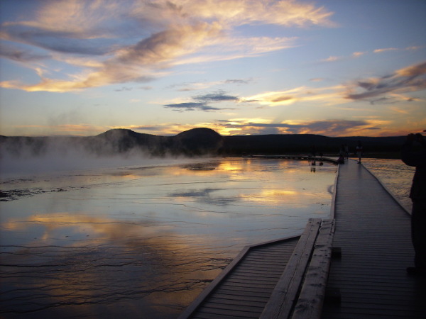 Grand Prismatic Springs at sunset