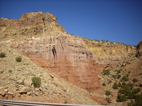 Canones Fault scarp showing Permian and Triassic beds