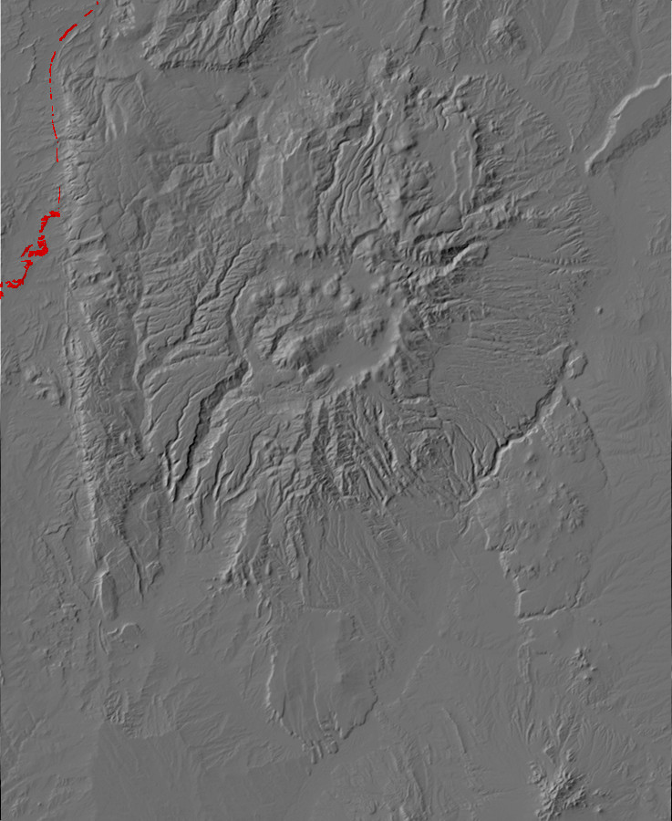 Digital relief map of Kirtland and Fruitland Formation
        exposures in the Jemez Mountains