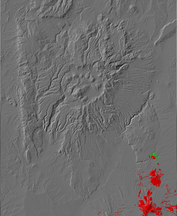 Digital relief map of Ortiz Belt and Cieneguilla
        Basanite exposures in the Jemez Mountains