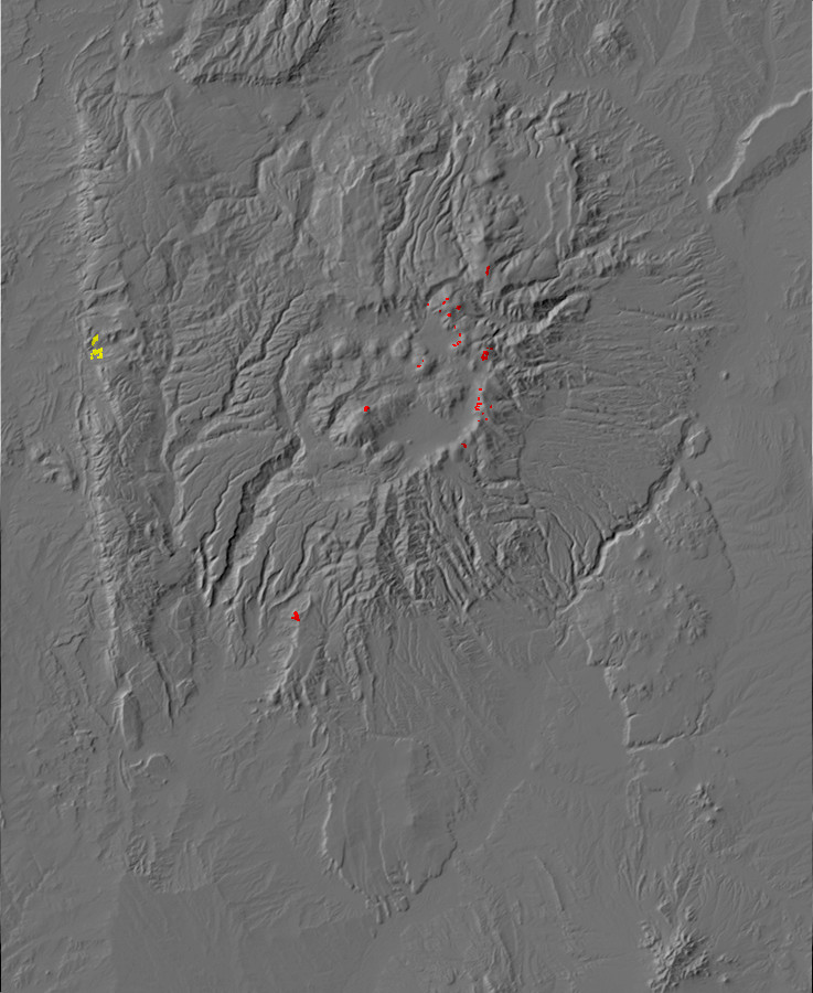 Digital relief map of suspected rock glaciers in the
        Jemez Mountains
