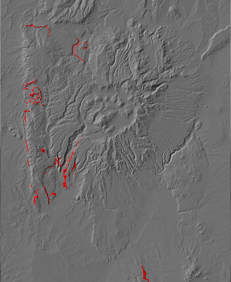 Digital relief map showing Yeso Group
        exposures in the Jemez Mountains